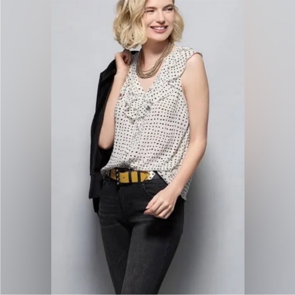 CAbi Black and White Polka Dot Ruffle Blouse